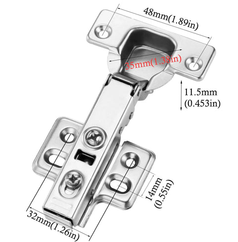Full Overlay Soft Close Cabinet Hinges For Frameless Concealed Doors European Style Slick Clip On Four Hole Mounting Plate Nickel Plated Finish 2 Pack Easy Tool Free Installation For Kitchen And Vanity Cabinets, front view with measurements
