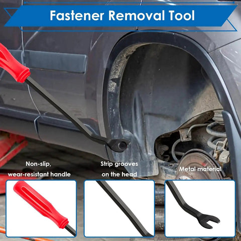 Must Have 42 Piece Plastic Rivet Gun Kit With 40 Nylon Rivets In Four Sizes And A Rivet Removal Tool For Fast Auto And Home Interior Repairs. Image of a fastener removal tool with red handle in use on a car wheel well.