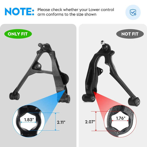 Front Control Arms With Ball Joint BeefedUp Kit for Chevy Silverado and GMC Sierra 1500, showing compatible part dimensions.