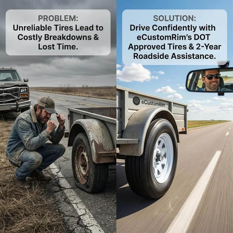 Man with broken trailer tire on road; eCustomRim tire on trailer driving on highway.