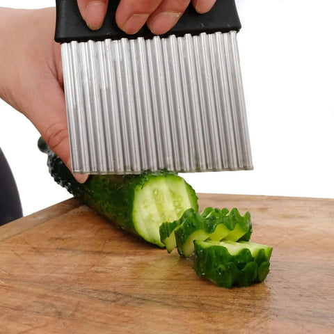 Crinkle Cutter Wavy Slicer For Fries And Veggies HTBMALL 430 Stainless Steel Knife cutting cucumber on wooden board