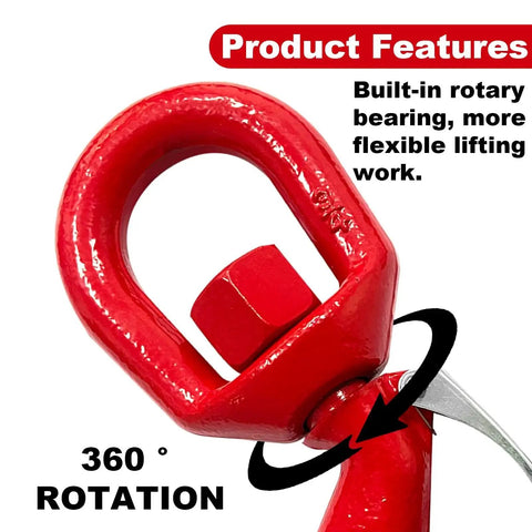 Close-up of 5 Ton Heavy Duty Swivel Hook With Safety Latch 360 Rotation Crane Eye Hook in red, showing its rotary bearing.