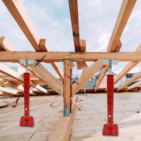 Installed telescoping basement floor jacks for leveling 18.5 to 34.6 inches 4400 lb each, supporting wooden structure in attic.
