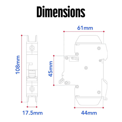 Dimensions diagram of UL489 Listed Mini Circuit Breaker 5 Amp C Curve for 277VAC 60VDC, 10kAIC, DIN Rail Mount, Non Polarized MCB.