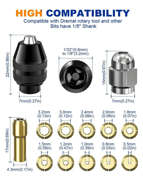 15 Piece Chuck Collet Set For Rotary Tools And Mini Drills, showing various sizes with keyless quick change chuck and brass collet nut.