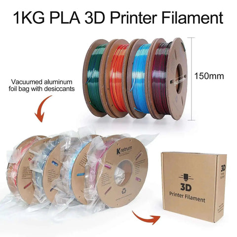 Silk Dual Color PLA Filament Bundle, 1.75mm, 4 Spools Each At 250g, packaged in vacuum-sealed bags, with color options displayed.