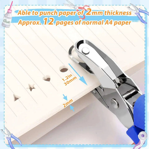 Four Pack Shape Hole Punch Set With Soft Grip for crafting, punching star, heart, circle, triangle shapes on A4 paper.