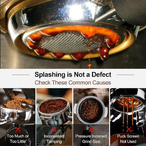 54mm double-spout espresso portafilter, chrome metal with mesh basket, dripping coffee.