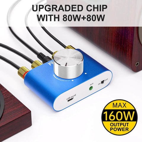F900S 160W Mini Bluetooth 5.0 Power Amplifier with 2 channel 80W x 2 stereo, featuring AUX and USB inputs, shown with cables connected.
