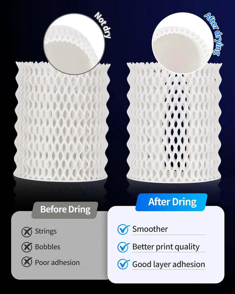 Comparison of 3D prints before and after using Dual Spool Filament Dryer Box for 3D Printer, showing improved print quality.