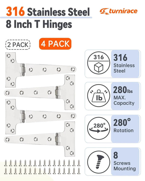 316 Stainless Steel T Hinges 8X4 Heavy Duty With Screws For Hatch Gate Door Fence Barn Cabinets Windows 4 Pack, illustrated with specs.