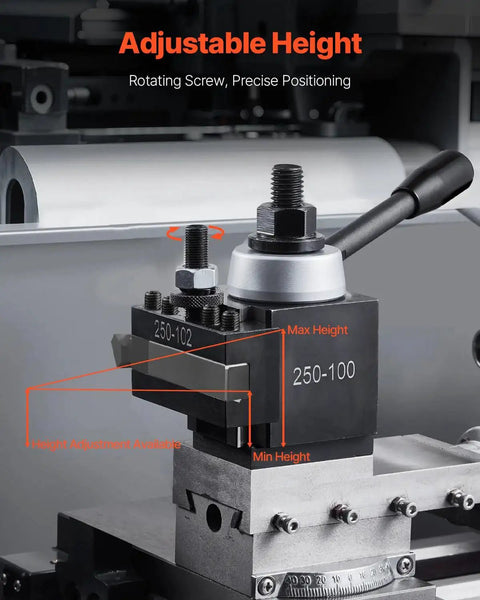 Close-up of No Fuss Quick Change Tool Post Set For Lathes, 8 Piece Kit showing adjustable height on 6 to 12 inch swing mini lathe
