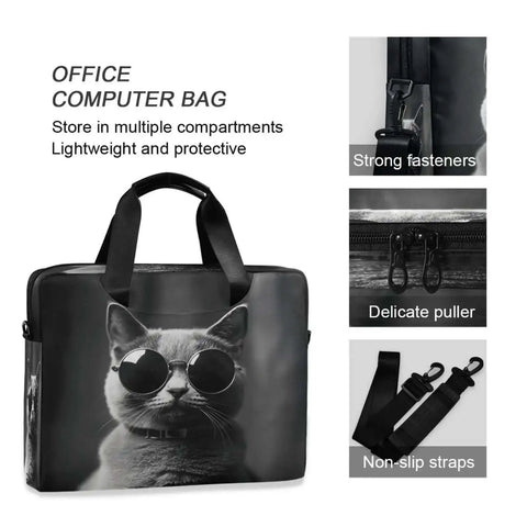 Gray Cat With Sunglasses Laptop Bag For 14 To 16 Inch Notebooks, Water Resistant 15.6 Inch Briefcase with cat print and straps.