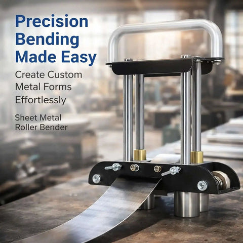 Workhorse Sheet Metal Bending Tool For 0-90 Degree Angles, metal roller bender on a workbench with steel sheet ready for bending.