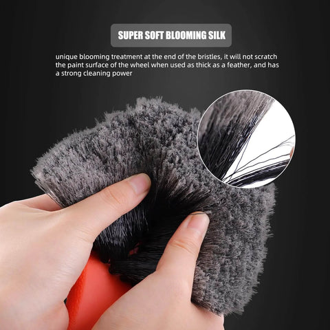 Close-up of ergonomic wheel and tire detailing kit brush, showing super soft bristles great for delicate finishes