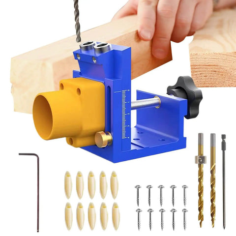 Pro Grade Pocket Hole Jig Kit With Angled Drill Guide And Dust Collection For Cabinet Installations Deck Building Desk Assembly And DIY Hobby Projects shown with accessories.