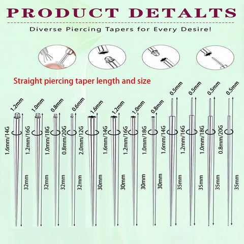 Diagram of various straight piercing tapers 14G 16G 18G 20G with lengths and sizes, from Piercing Taper Ball Grabber Tool Kit For Quick Jewelry Swaps.