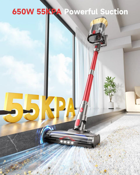 Cordless vacuum cleaner with red wand and motorized floor head; 650W suction and 55KPa graphic