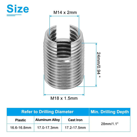 Close-up of six-piece PATIKIL 303 stainless self-tapping threaded inserts; inner M14x2mm, outer M18x1.5mm, 24mm long.