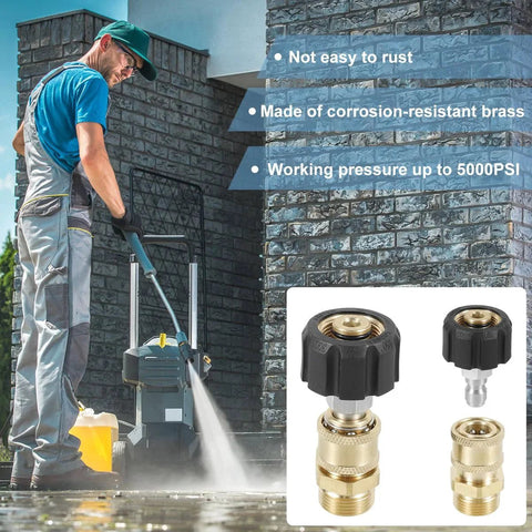 Person using pressure washer with Two Pack M22 To Quarter Inch Quick Connector Kit For Pressure Washer Hoses Stainless Steel Adapter Set 4500 PSI Max in foreground