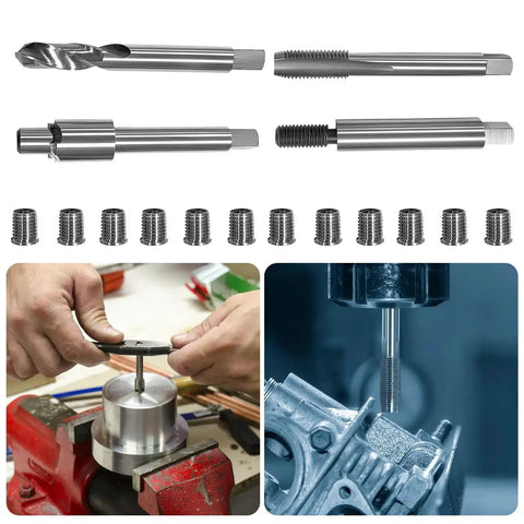 M8x1.25 Thread Repair Kit with 12 stainless steel inserts, showing tools and application in auto parts for repairing threads.