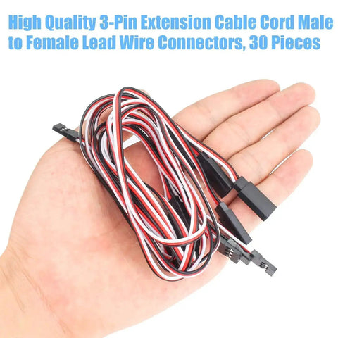 Hand holding 30 Piece Male To Female 3 Pin Servo Extension Cable Set With 22 AWG Copper Wires for remote control devices