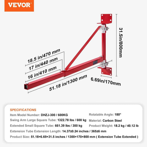Wall Mount Jib Crane With 1320 Lbs Load Capacity for Electric Hoist 180 Degree Swivel, red steel frame dimensions