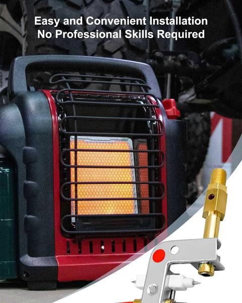 Propane heater with red and black metal frame, protective grille and orange glow; installation tool visible nearby