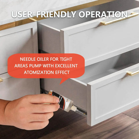 Applying All-In-One Door And Lock Lubricant Kit With 4.4oz Bottle, 3.4oz Spray And 1oz Precision Oiler to drawer tracks