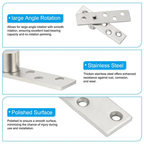 Hidden Door Pivot Hinges Four Pack 360 Degree Rotation With Eccentric Axis Up Down Shaft Hardware Small Size For Secret Doors And Bookcases Silver Tone PATIKIL, showing stainless steel and polished surface in three parts