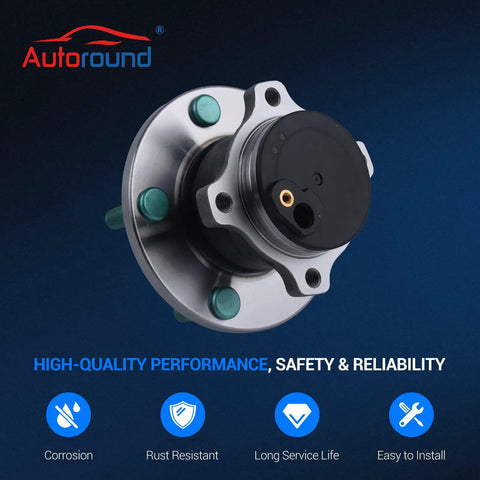 Rear Wheel Bearing And Hub Assembly 5 Lug With ABS 4 Wheel For Mazda 3 2004 To 2013 And Mazda 3 Sport 2009 To 2013 And Mazda 5 2006 To 2017, 2-Pack Replacement Parts showing front view with mounting features and durability highlights.