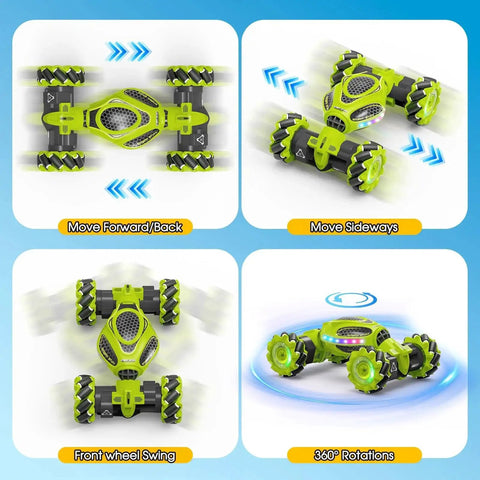 Gesture Sensing RC Stunt Car With Hand Wave Control and Remote showing 4WD drift moves, including forward, sideways, and 360-degree rotations.