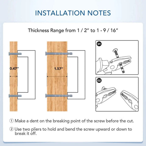 Installation notes for Matte Black 10 Inch Square Cabinet Pulls, showing thickness range and screw cutting technique.