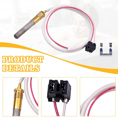 750mV thermopile sensor assembly for Rheem Ruud Richmond water heaters; white braided cable, brass probe, black connector