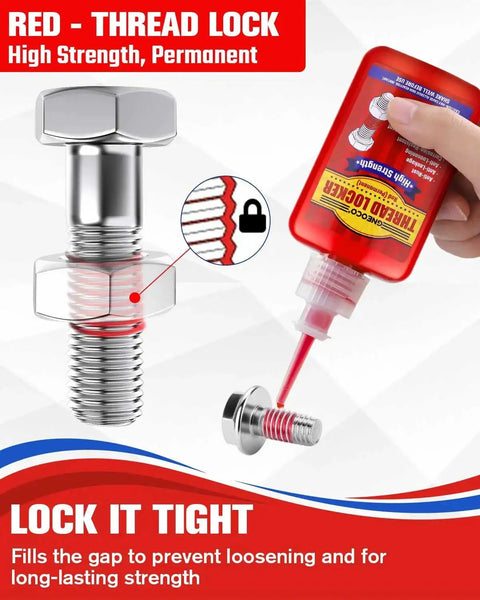 Image showing application of High Strength Red Thread Locker for Nuts and Bolts Permanent Bonding That Prevents Loosening From Vibration Ideal For Automotive Machinery And DIY Fasteners Two 50ml Bottles Of Red Anaerobic Glue on a metal bolt.