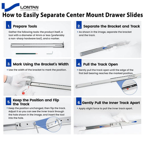 Step-by-step guide for separating center mount drawer slides using tools, showing installation of 16 inch heavy duty rails.