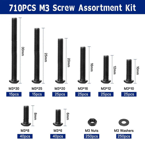 All In One M3 Screw Kit For 3D Printing With 710 Pcs Eight Lengths Of Screws M3x6mm to M3x30mm showing screw sizes and pieces