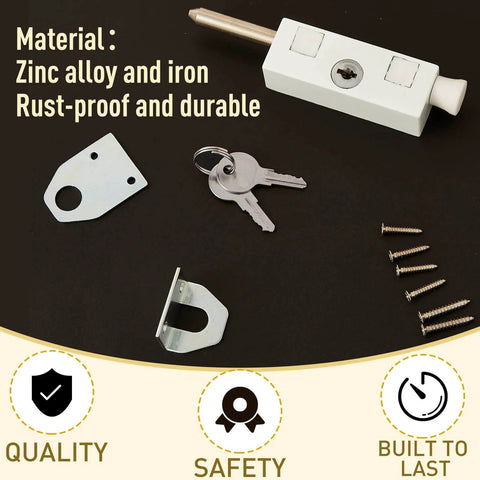 Two Piece Sliding Patio Door Lock Set With Keyed Lock Rectangle Security Bar For Glass Doors, zinc alloy, shown with keys and screws