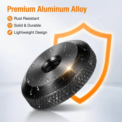 Close-up of Five Pack Thumb Nuts 1/4-20 female screws with knurled wheel, black aluminum, for camera tripods and mounts.