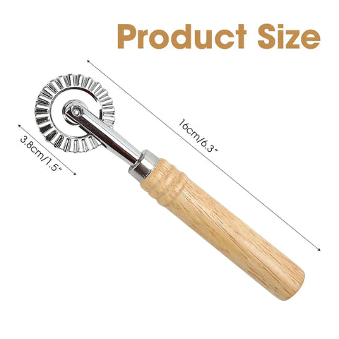 2 Piece Zinc Alloy Crinkle Cutter Set With Long Wooden Handle For Pizza Wheel And Ravioli Press Perfect For Making Pasta Noodles Dumplings Ravioli Lace Pastry Pies Cracker Slices In The Kitchen Or On The Go showing product size.