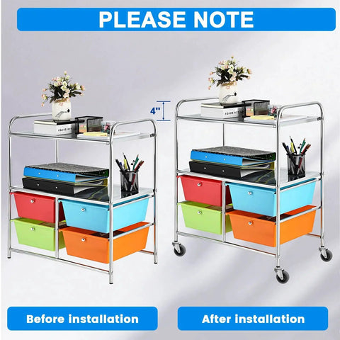 Before and after installation of caster wheels on a storage cart, showing improved mobility with visible caster replacements.