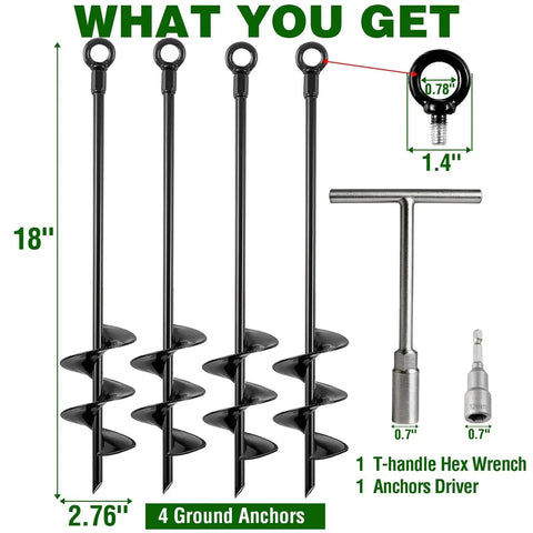 Heavy Duty Ground Anchors 18 Inch 4 Pack Screw In Earth Anchors For Swing Sets Tents Sheds, set with T-handle hex wrench and driver