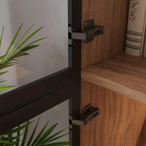 Close-up of hinge and glass door on Walnut Display Cabinet With Glass Doors And Three Drawers App Controlled LED Lights Tall Bookcase Storage Display Case For Collectibles Living Room Office Or Kitchen.