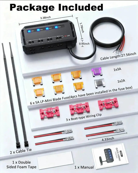 12V Motorcycle Fuse Block Kit With 20A Relay Box And LED Indicator package contents, including fuses, wiring clips, and cable ties.