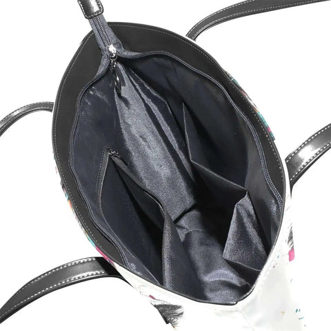 Interior view of Owl Themed Womens PU Leather Tote Bag With Top Zipper Shoulder Handbag Go To Work Travel And Everyday Use Built In Inner Pockets And Zip Pocket Fits Wallet Phone Makeup Sunglasses Multi Colored, showing pockets.