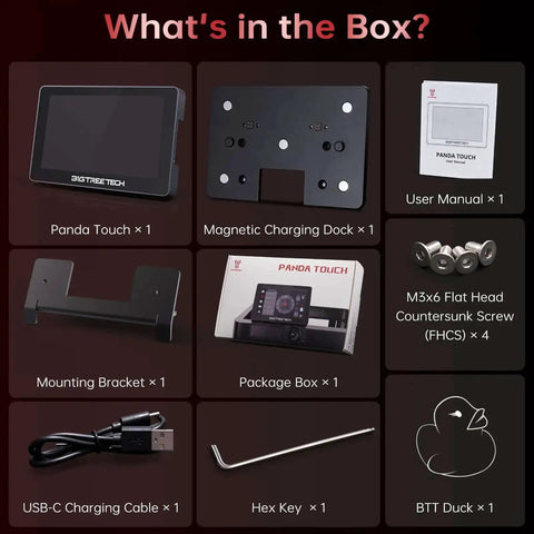 What's in the box for Panda Touch Upgrade Touch Screen Kit For Bambu Lab P1P P1S X1C X1E A1 Mini 3D Printers.