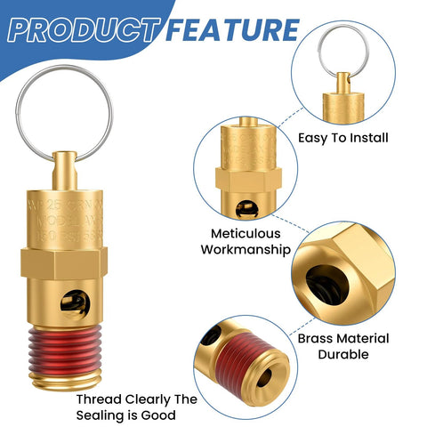 DALQUIS 1/4 in NPT brass safety valve with key ring for air compressors, 150 PSI relief
