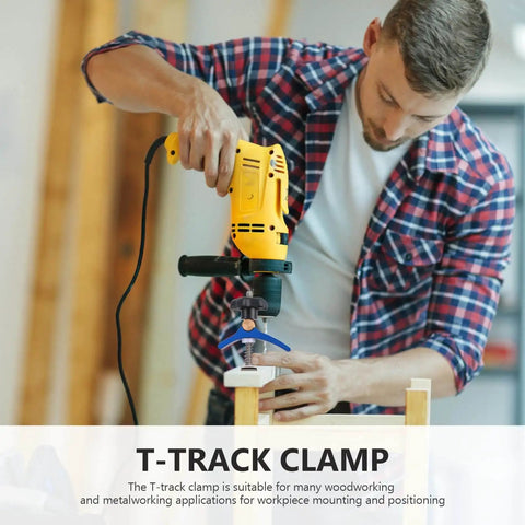 Man using Pro Grade Woodworking T Slot Clamp With Hold Down Function Blue T Track Clip For Carpenter Workholding Tools