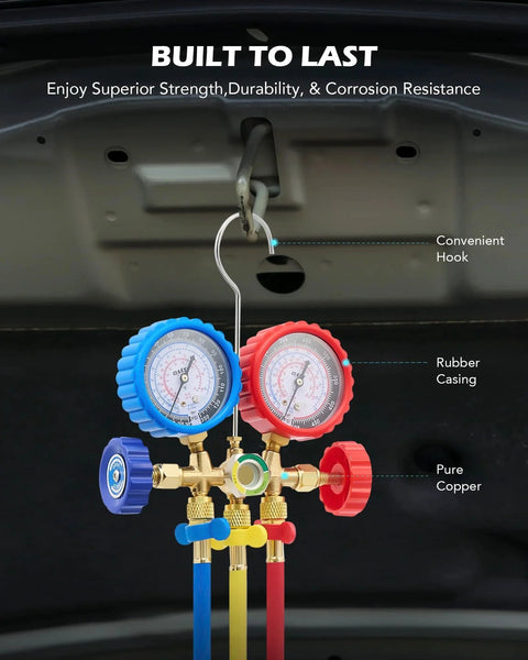 Pro Auto AC Gauges Set for R134a R12 R502 Refrigerant with 3 Way Manifold hanging on car hood hook, close-up view