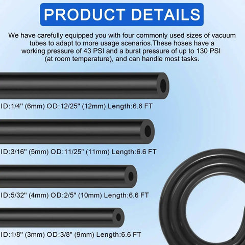 Epic 84 PC Silicone Vacuum Hose Kit With 6.6 Ft Hoses And 80 Connectors For Cars And DIY Auto Projects hose sizes details